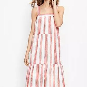 LOFT Red Stripe Tiered Square Neck Pastel Cottagecore Midi Dress
